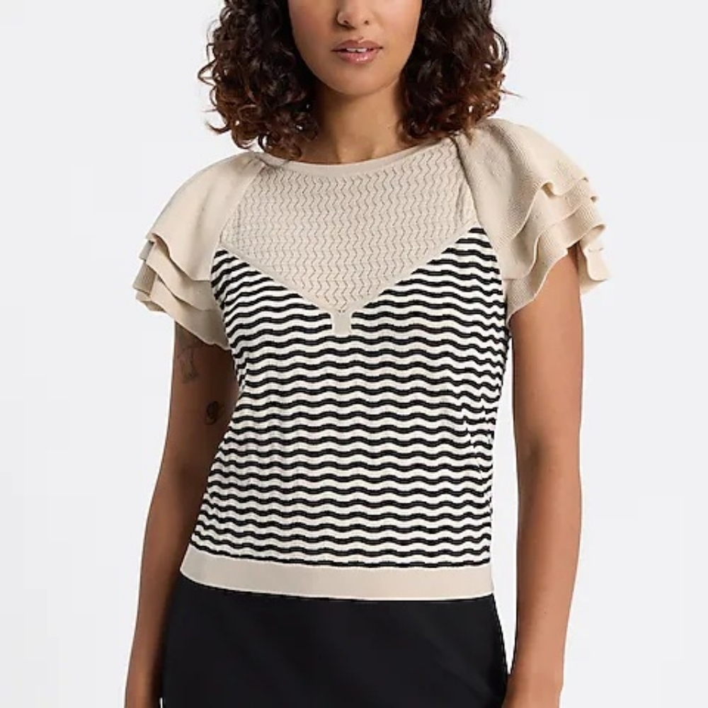 Express Striped Ruffle Flutter Sleeve Knit Top Sweater Black Sandshell Beige XS